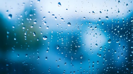 Multiple water drops on a window after rainfall with blurred background