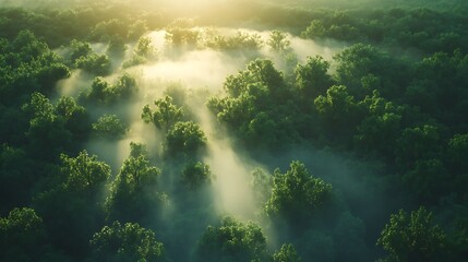 Fototapeta premium Bird’s-eye shot of a foggy forest canopy at dawn, dense mist rolling over treetops, sunlight creating a warm glow on the fog, ethereal and peaceful scene, vibrant greens contrasting with misty whites,