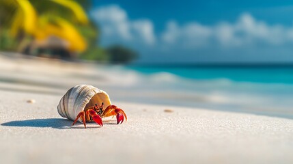 Obraz premium Close-Up of a Hermit Crab Crawling on White Sand Beach. AI generated illustration.