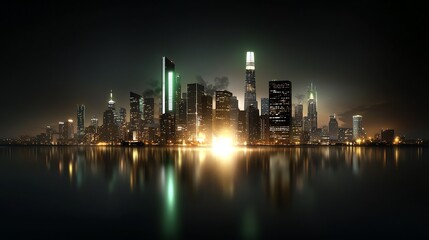Fototapeta premium Minimalist city skyline glowing with green light, symbolizing zero emissions, urban ecofuturism