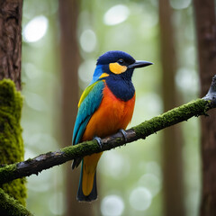 Obraz premium A colorful bird sits on a branch in the forest