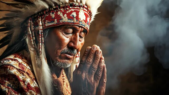 An Indigenous man wearing a traditional headdress prays in a smoky environment