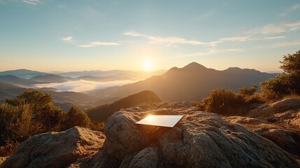 Solar panel on a mountain range, zeroemission nature design, eco energy harmony