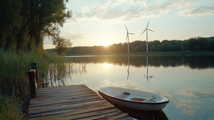 Obraz premium Wind turbine on a peaceful lake, creating mirror reflection, clean energy, netzero vision