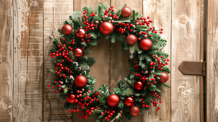 Festive Wreath on Wooden Door. A beautifully crafted wreath with red berries, pine cones, and a red bow on a rustic wooden door, symbolizing Christmas welcome