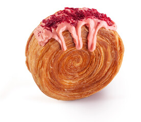 Crème-filled circular croissant (super summer berries) with pink raspberry glaze. Round French or New-York Roll croissant isolated on white background