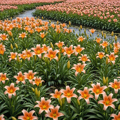 field full of  beautiful orange tulips full of bloom