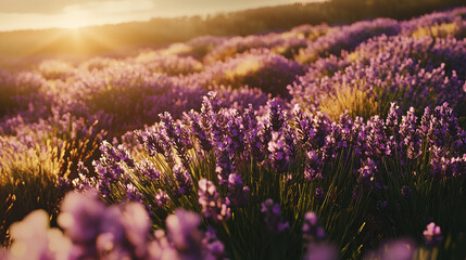 Obraz premium A vibrant lavender field illuminated by the golden hues of sunset