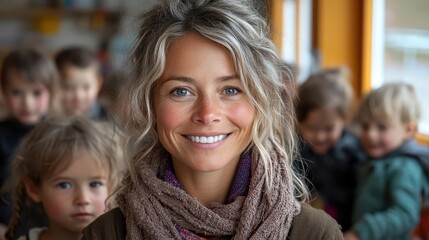 Obraz premium engaging and warm portrait of a dedicated nursery school teacher smiling at the camera while surrounded by playful children embodying joy and learning in an educational setting