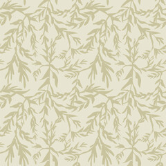 Vintage hand drawn petals pattern. Seamless wavy leaf texture. Fabric print. Provence style cute wallpaper. Kbrown and beige pastel colors. Grunge branches and herbs background. Vector 