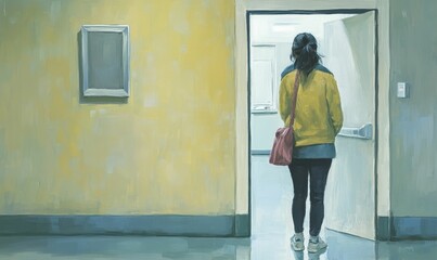 Fototapeta premium Woman in doorway, yellow jacket, pink bag.