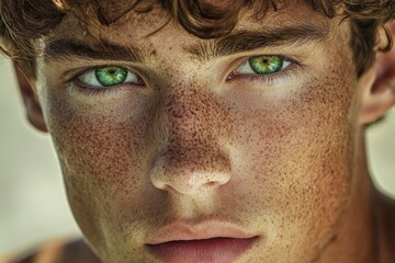 A detailed view of a person's facial features, including distinctive freckles