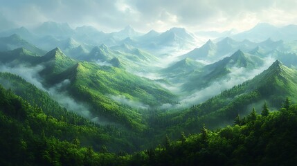 Obraz premium Bird’s-eye view of expansive lush green hills with dense forest cover, peaks and valleys bathed in soft daylight, misty areas adding depth, rich textures and vibrant colors,