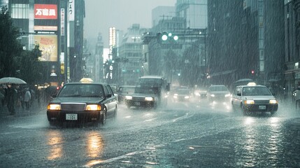 Heavy Rainstorm in Tokyo with Fast-Moving Cars. AI generated illustration