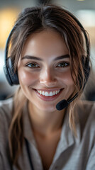 Dedicated businesswoman works from home, providing customer service with a headset while maintaining professionalism and focus on her computer