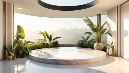 Fototapeta premium Luxurious circular bathtub, panoramic windows, mountain view, modern interior design, tropical plants, sunlit room, minimalist aesthetic, white marble, floor-to-ceiling glass, spa-like atmosphere, ser