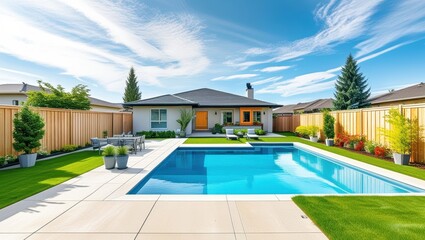 Luxurious backyard, rectangular swimming pool, modern patio furniture, manicured lawn, wooden fence, palm trees, blue sky with wispy clouds, suburban house, outdoor living space, landscape design, poo