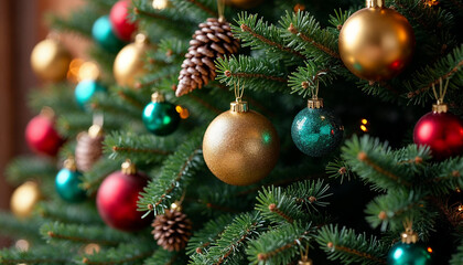 Obraz premium Christmas tree closeup background with fir branches, baubles and cones