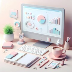 Playful Office Desk Setup with Coffee and Notebook, 3D SEO Optimization, web analytics and SEO marketing concept. 3d render illustration