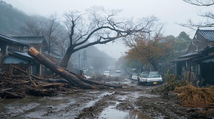 Aftermath of Flooding in a Japanese Town. AI generated illustration.