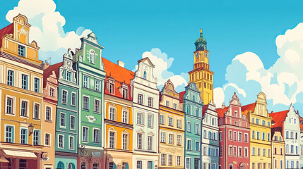 Fototapeta premium Poznan, Poland, french vintage Art Nouveau & Art Deco travel poster template. Cityscape and city skyline.Classic La Belle Epoque vichy art. Clear, simple, trendy