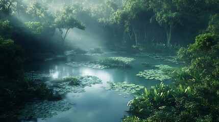 Obraz premium Bird’s-eye view of wetlands within a dense forest, clear pools of water nestled between tall trees, lush green vegetation surrounding each pond, soft light filtering through the canopy,