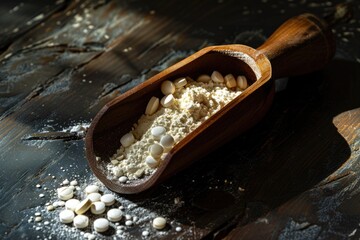 A wooden scoop filled with white food, great for close-up shots or adding to still life compositions