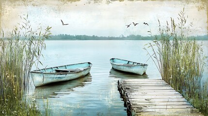 Obraz premium Serene Lakeside with Rowboats and Reeds