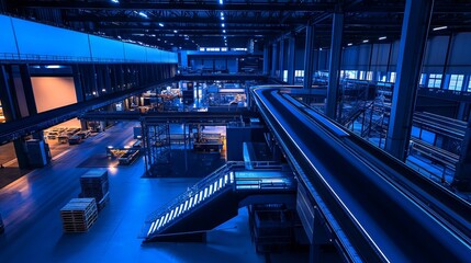 Naklejka premium Modern Factory Hall with Conveyor Belts. AI generated illustration