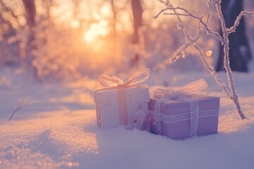 Two boxes sit in the snowy landscape