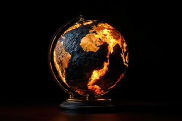 A black and gold globe sitting on a wooden table, perfect for decoration or educational use