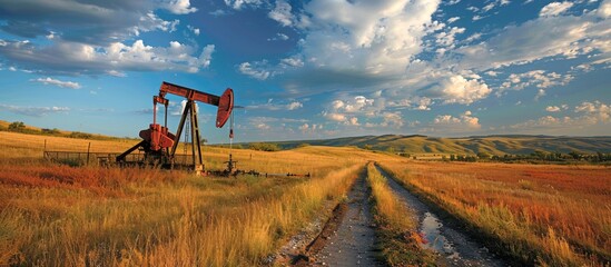 Oil Well Pump Jack in a Field at Sunset, Concept. Energy, Fossil Fuels, Environment