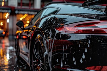 A black car is cleaned with soapy water at a modern car wash. Car wash, Car detailing