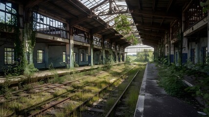 Overgrown abandoned train station with vines, trees, and broken windows