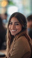 Obraz premium Smiling young businesswoman wearing a headset and working in a bustling call center