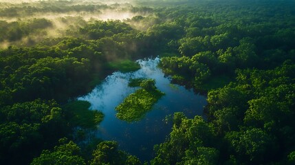 High-angle view of forest with wetland pockets, water pools reflecting light amidst dense green trees, vibrant foliage and textured soil visible, sunlight streaming softly, fog over certain areas,