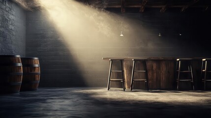 Obraz premium Bar with rustic barrels and high stools, dim lights, historic vibe, Oldworld bar experience