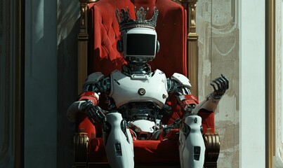 Fototapeta premium A robot king sits on a throne.