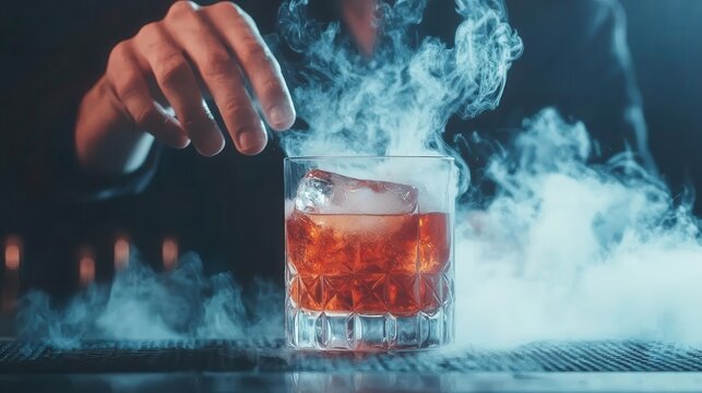 Bartender mixing drink with smoke effect, dark bar, Dramatic cocktail preparation