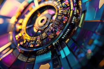 A detailed view of a clock face with multiple colors and intricate details