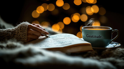 Enjoying a warm cup of tea labeled gratitude while writing in a journal, surrounded by soft textures and twinkling holiday lights