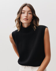 A Modern Female Model in Black Sleeveless Cashmere Top, Plain White Background, Versatile Knitwear Catalog Image, generative ai