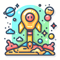 Rocket is launching into space with a light bulb on top. The rocket is surrounded by planets and stars, and the light bulb is glowing brightly