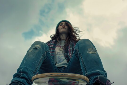 A woman sitting on top of a skateboard, with a casual and relaxed pose