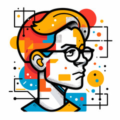 Man with glasses and a beard is drawn in a colorful style. The image is abstract and has a modern feel to it