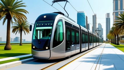 Naklejka premium Modern light rail tram, futuristic city transportation, palm tree lined street, waterfront promenade, sleek blue skyscrapers, sunny day, clean urban environment, eco-friendly public transit, coastal c