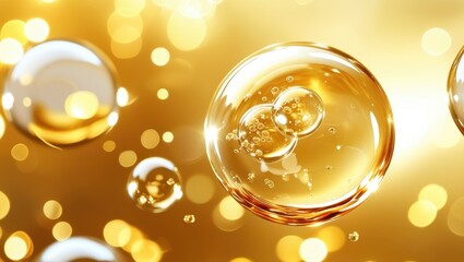Bubbles, golden liquid, champagne, macro photography, shimmering, effervescent, high-contrast, luxurious, sparkling, reflective surfaces, warm tones, close-up, celebratory, elegant, glossy, transparen