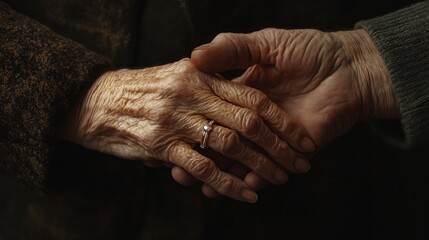 Fototapeta premium Two elderly hands, one with a ring, intertwined, showcasing a lifetime of love and companionship.