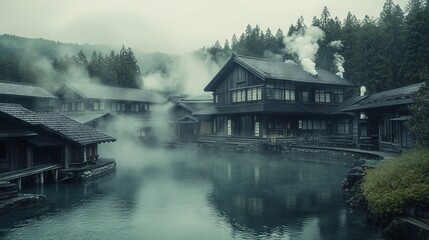 Fototapeta premium Serene Traditional Japanese Hot Spring Resort in the Forest. AI generated illustration