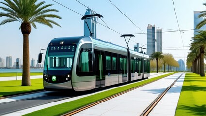 Naklejka premium Modern light rail tram, futuristic city transportation, palm tree lined street, waterfront promenade, sleek blue skyscrapers, sunny day, clean urban environment, eco-friendly public transit, coastal c